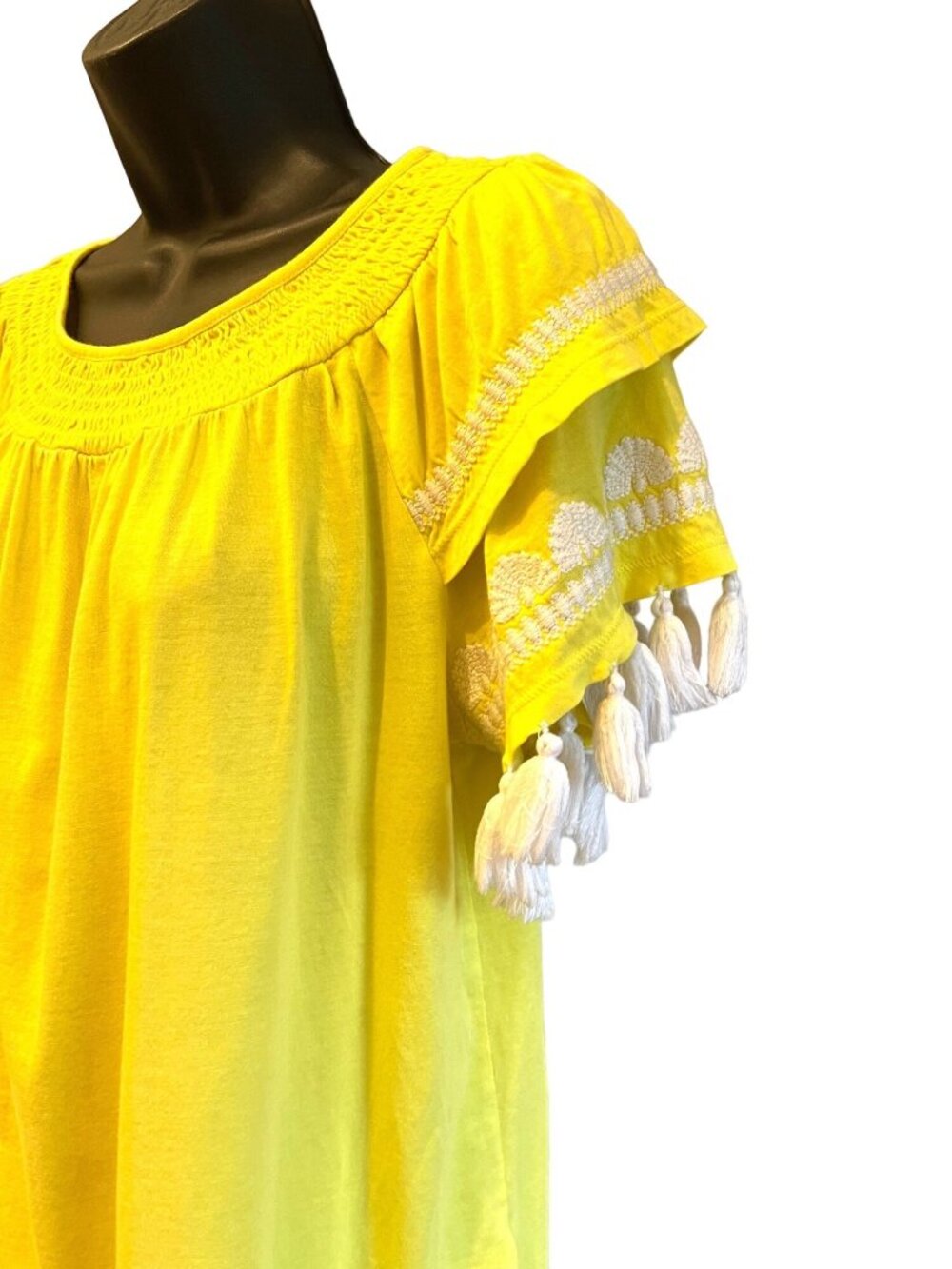 Lilly Pulitzer Yellow Embroidered Tassel Sleeve Top 100% Pima Cotton Size M
